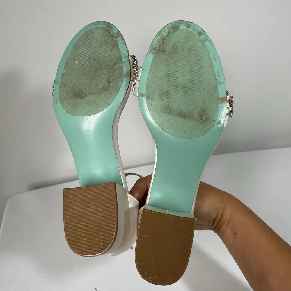 Betsey Johnson SB-Mel Block Heel Shoes Jeweled Satin Sandal Ivory Formal Size 9